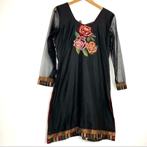Indian Sheer Long Sleeve Top Embroidered Roses Gold - Picture 1 of 9